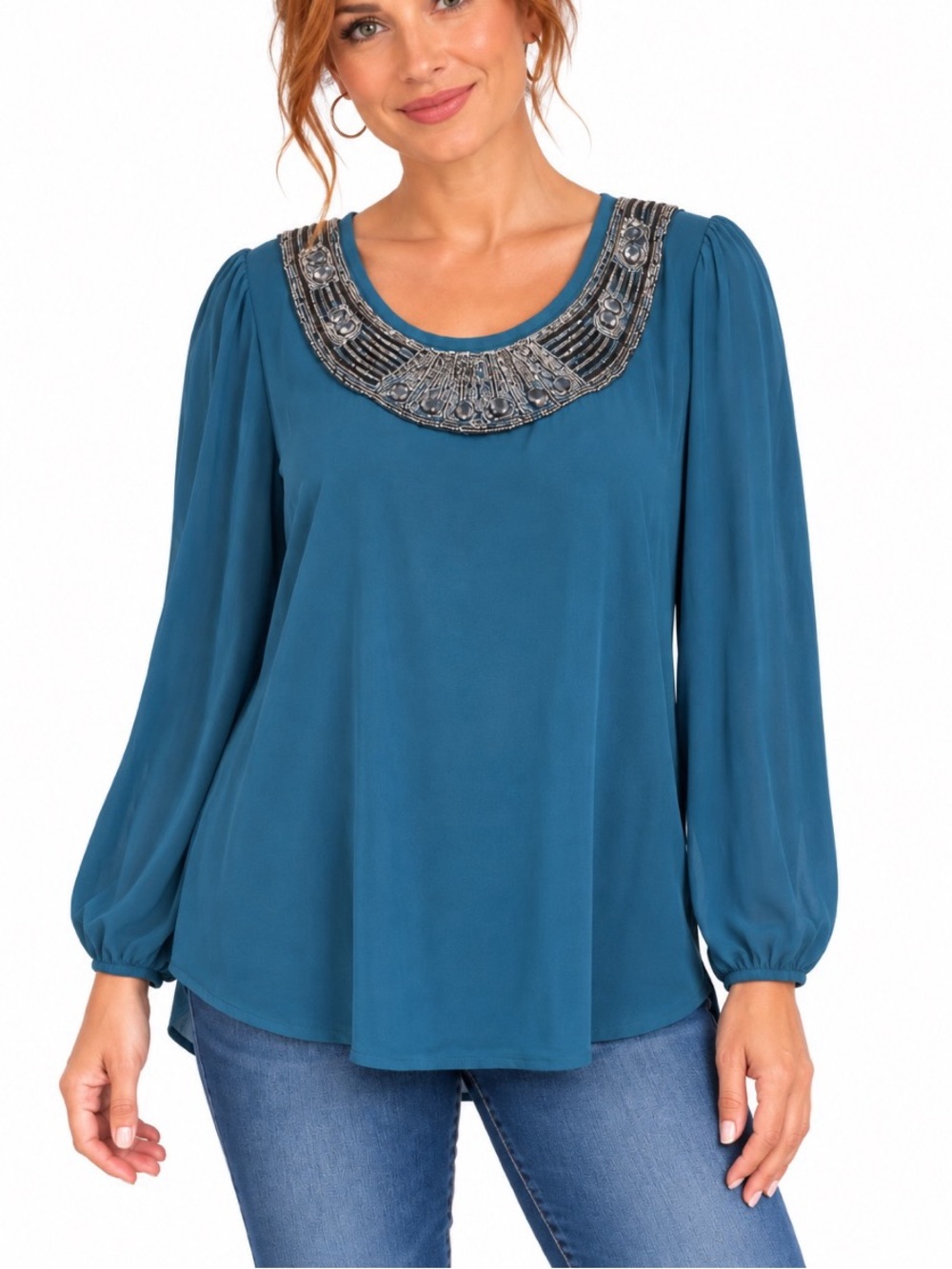 Studio Y blue tunic top featuring a silver-beaded neckline